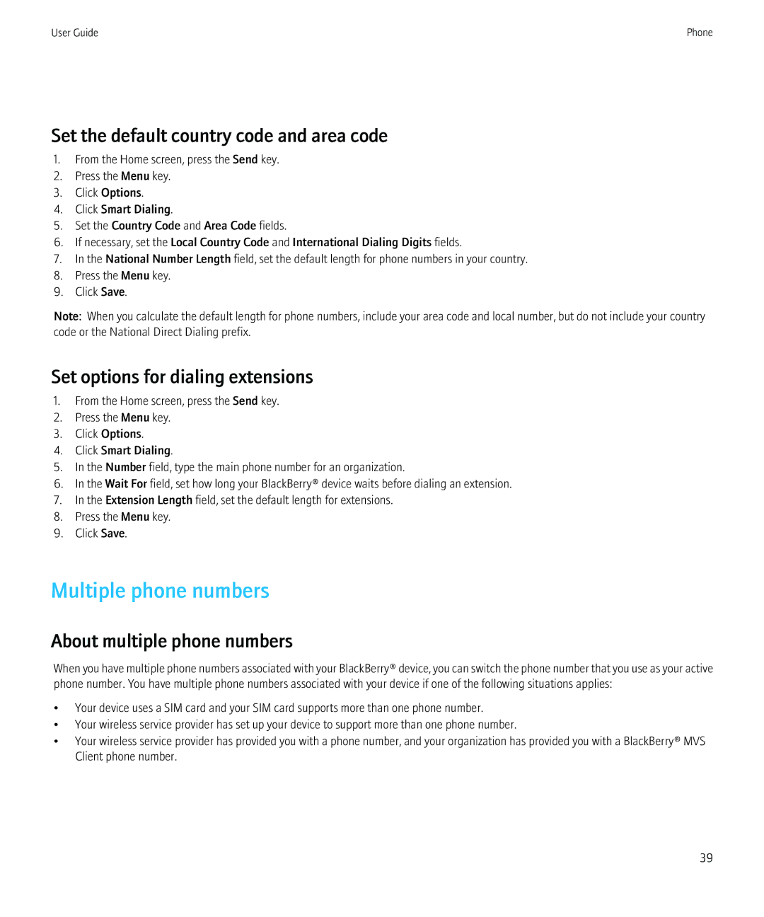 Blackberry PRD-12528-103 Multiple phone numbers, Set the default country code and area code, About multiple phone numbers 