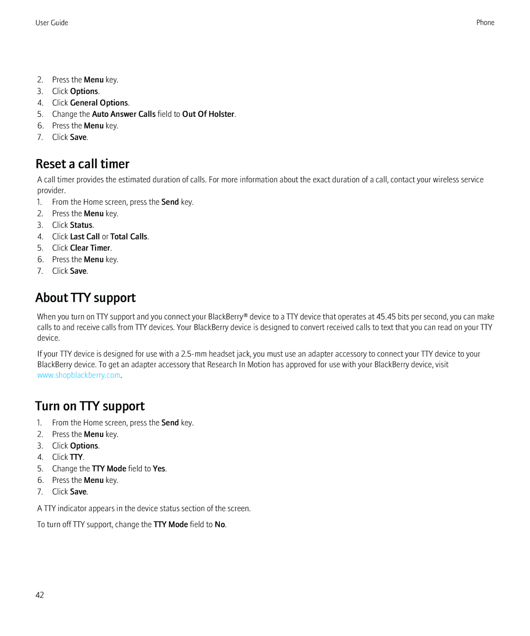 Blackberry PRD-12528-103 manual Reset a call timer, About TTY support, Turn on TTY support 