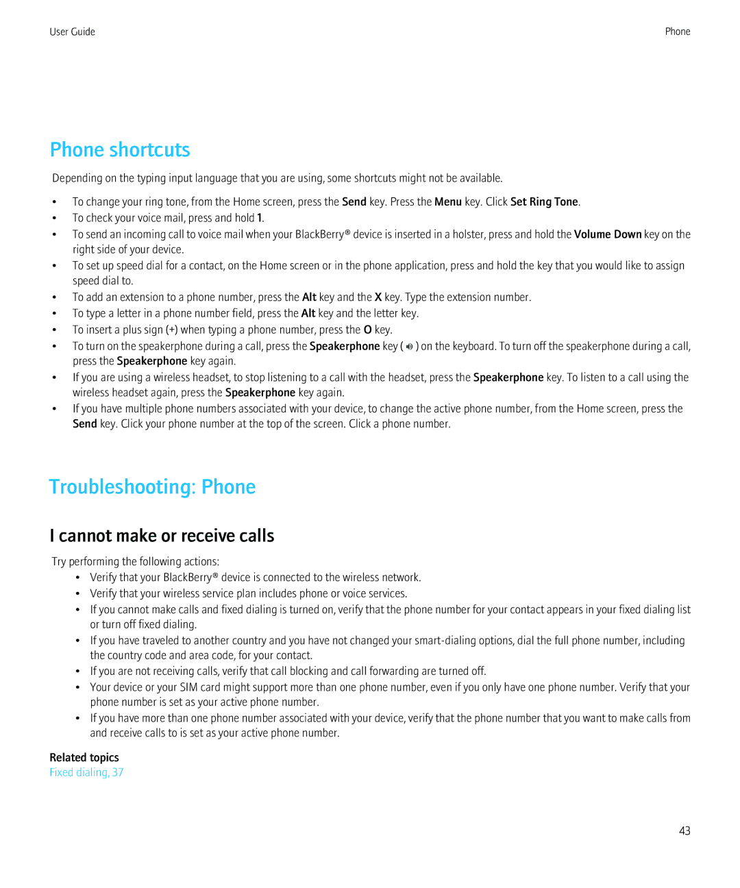 Blackberry PRD-12528-103 manual Phone shortcuts, Troubleshooting Phone 