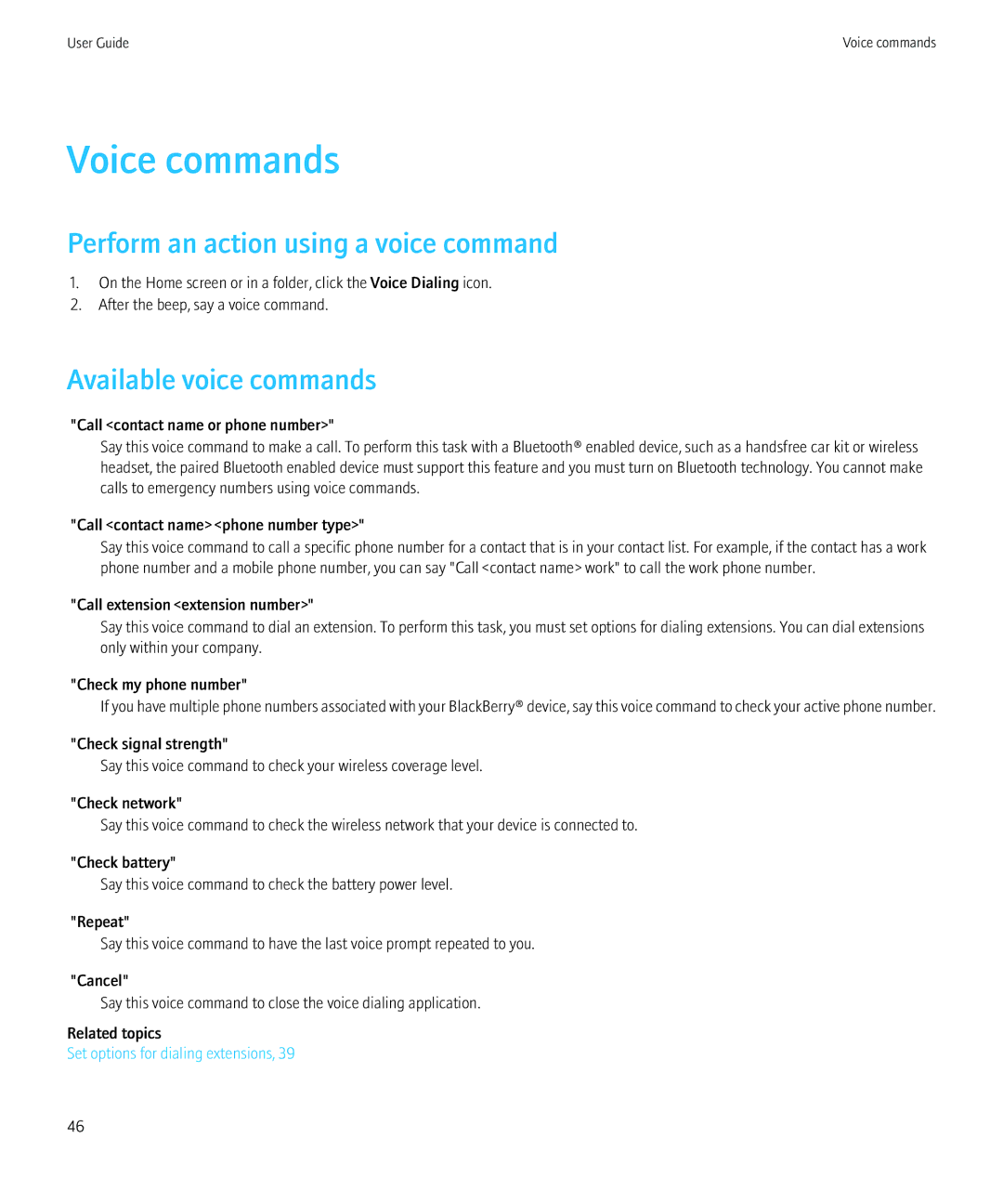 Blackberry PRD-12528-103 manual Voice commands, Perform an action using a voice command, Available voice commands 