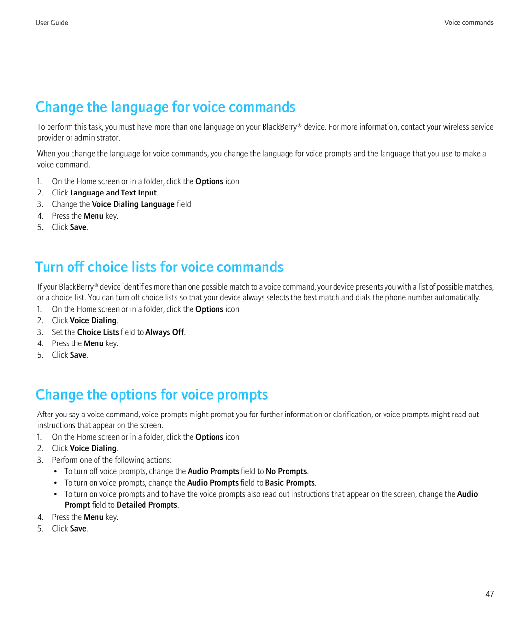 Blackberry PRD-12528-103 manual Change the language for voice commands, Turn off choice lists for voice commands 