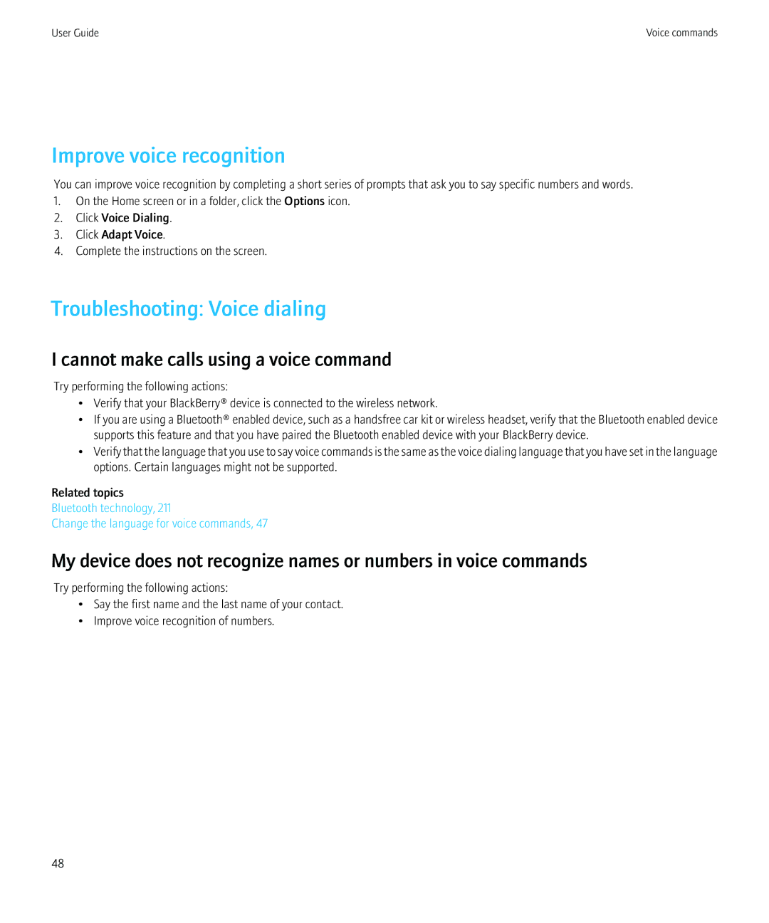 Blackberry PRD-12528-103 manual Improve voice recognition, Troubleshooting Voice dialing 