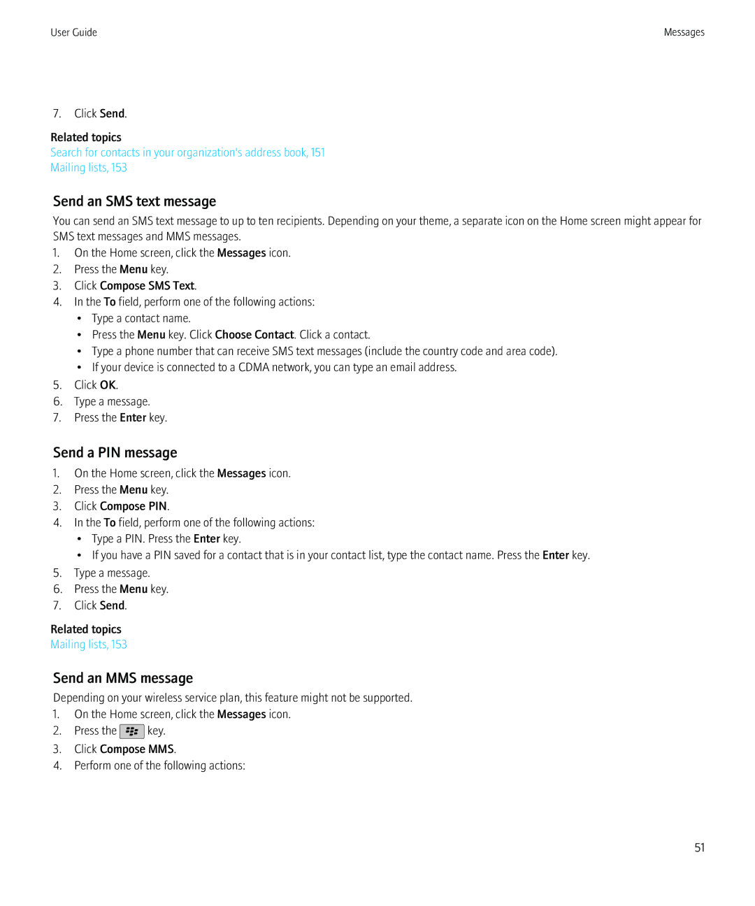 Blackberry PRD-12528-103 manual Send an SMS text message, Send a PIN message, Send an MMS message 