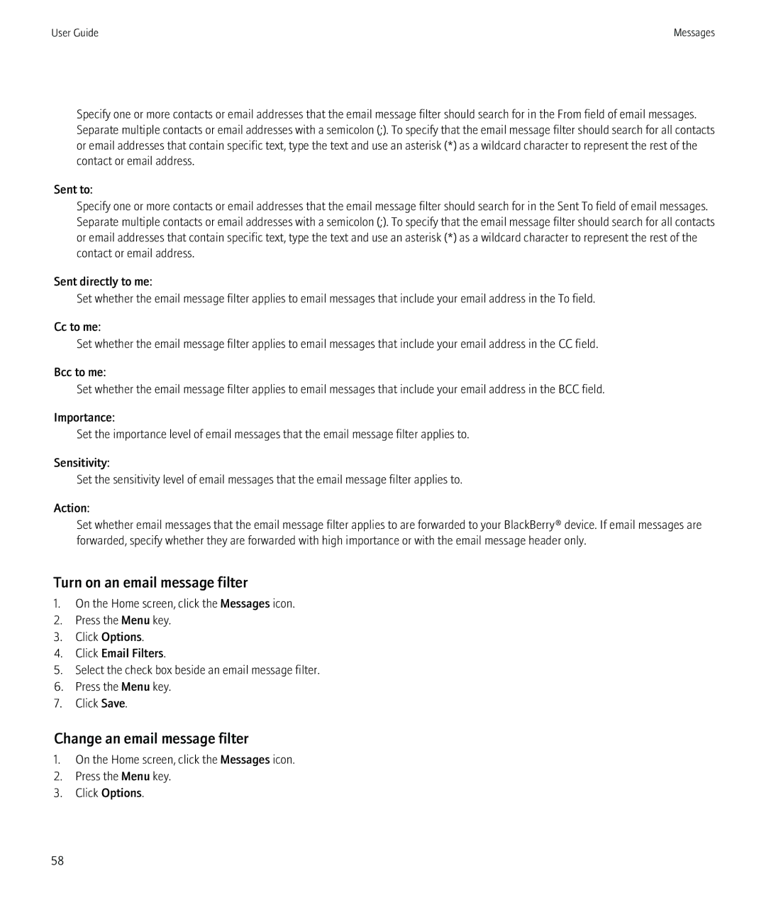 Blackberry PRD-12528-103 manual Turn on an email message filter, Change an email message filter 