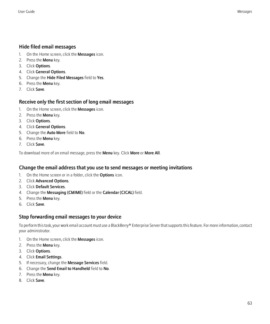 Blackberry PRD-12528-103 manual Hide filed email messages, Receive only the first section of long email messages 