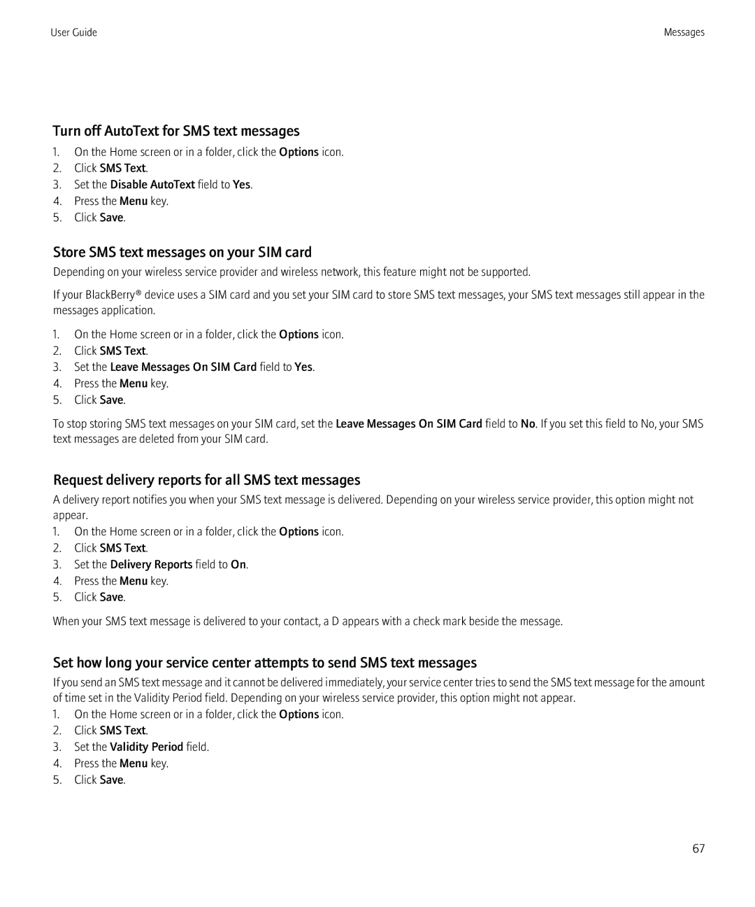 Blackberry PRD-12528-103 manual Turn off AutoText for SMS text messages, Store SMS text messages on your SIM card 