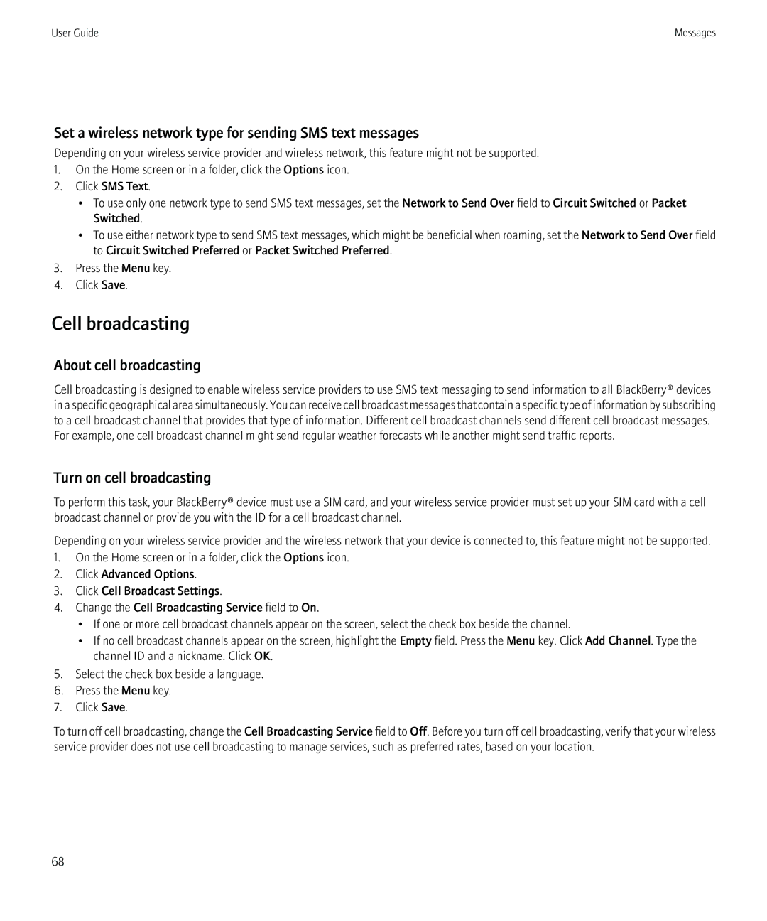 Blackberry PRD-12528-103 manual Cell broadcasting, Set a wireless network type for sending SMS text messages 