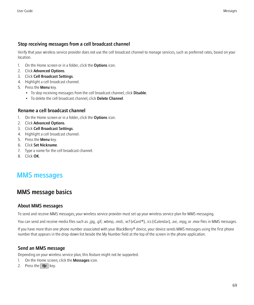 Blackberry PRD-12528-103 manual MMS messages, MMS message basics, Stop receiving messages from a cell broadcast channel 