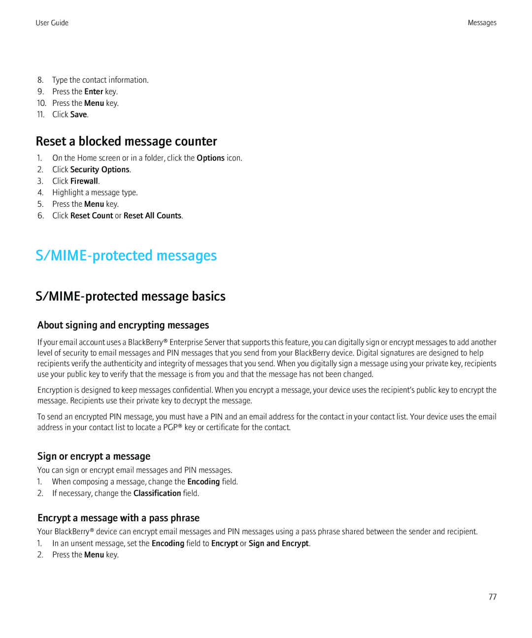 Blackberry PRD-12528-103 manual MIME-protected messages, Reset a blocked message counter, MIME-protected message basics 