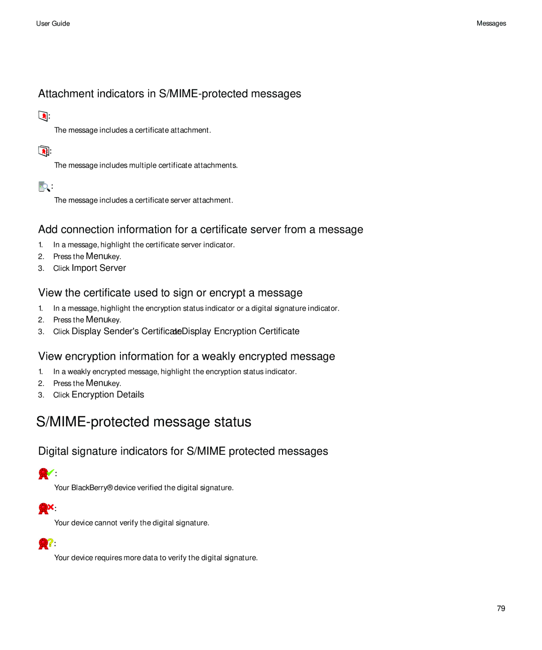 Blackberry PRD-12528-103 manual MIME-protected message status, Attachment indicators in S/MIME-protected messages 