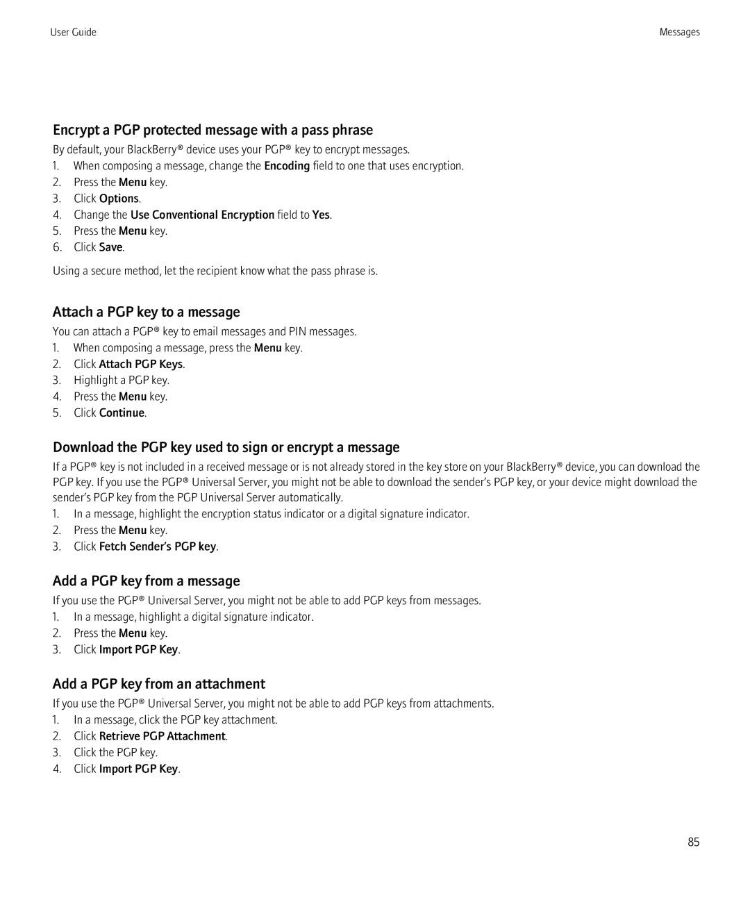 Blackberry PRD-12528-103 manual Encrypt a PGP protected message with a pass phrase, Attach a PGP key to a message 