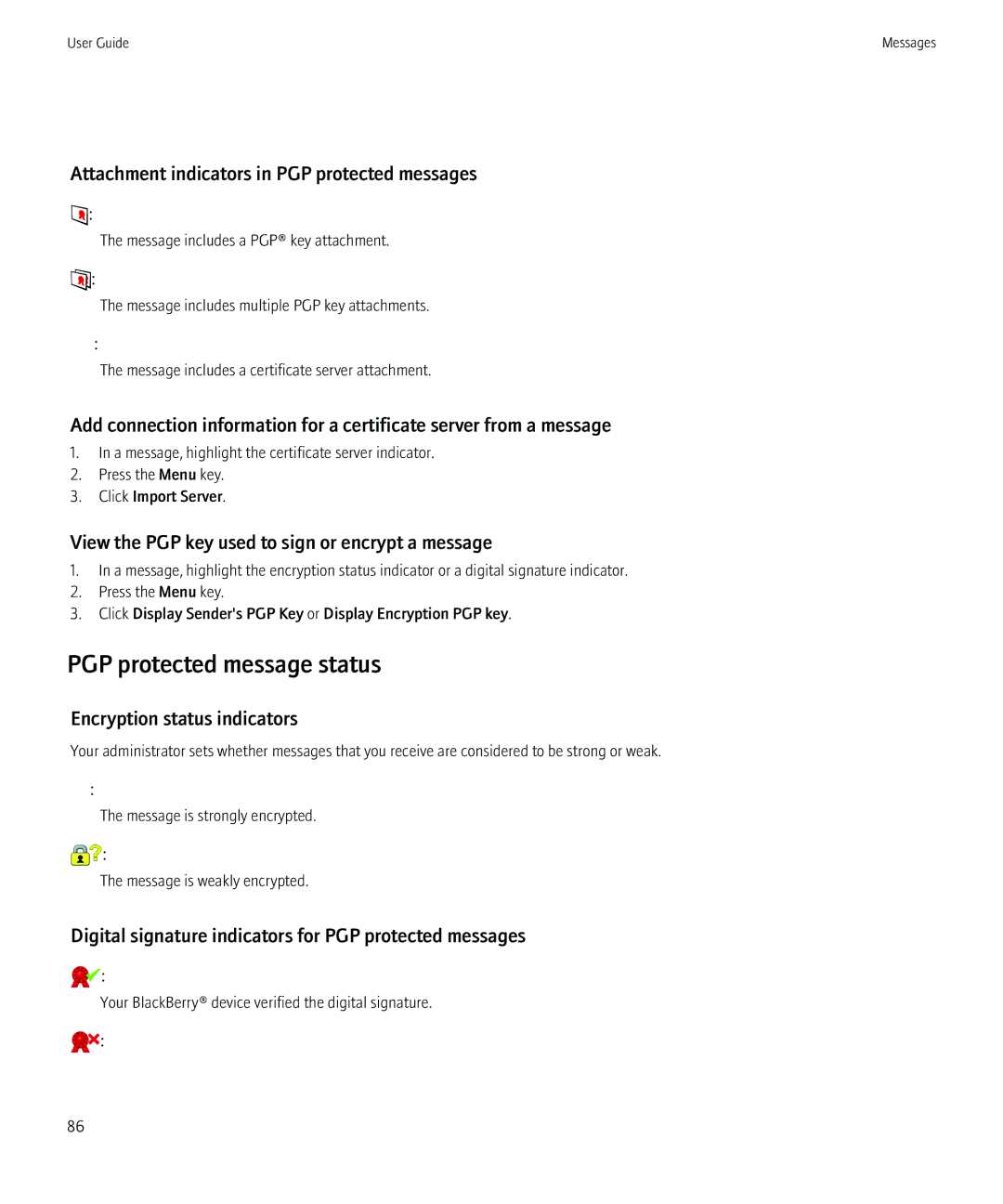 Blackberry PRD-12528-103 manual PGP protected message status, Attachment indicators in PGP protected messages 