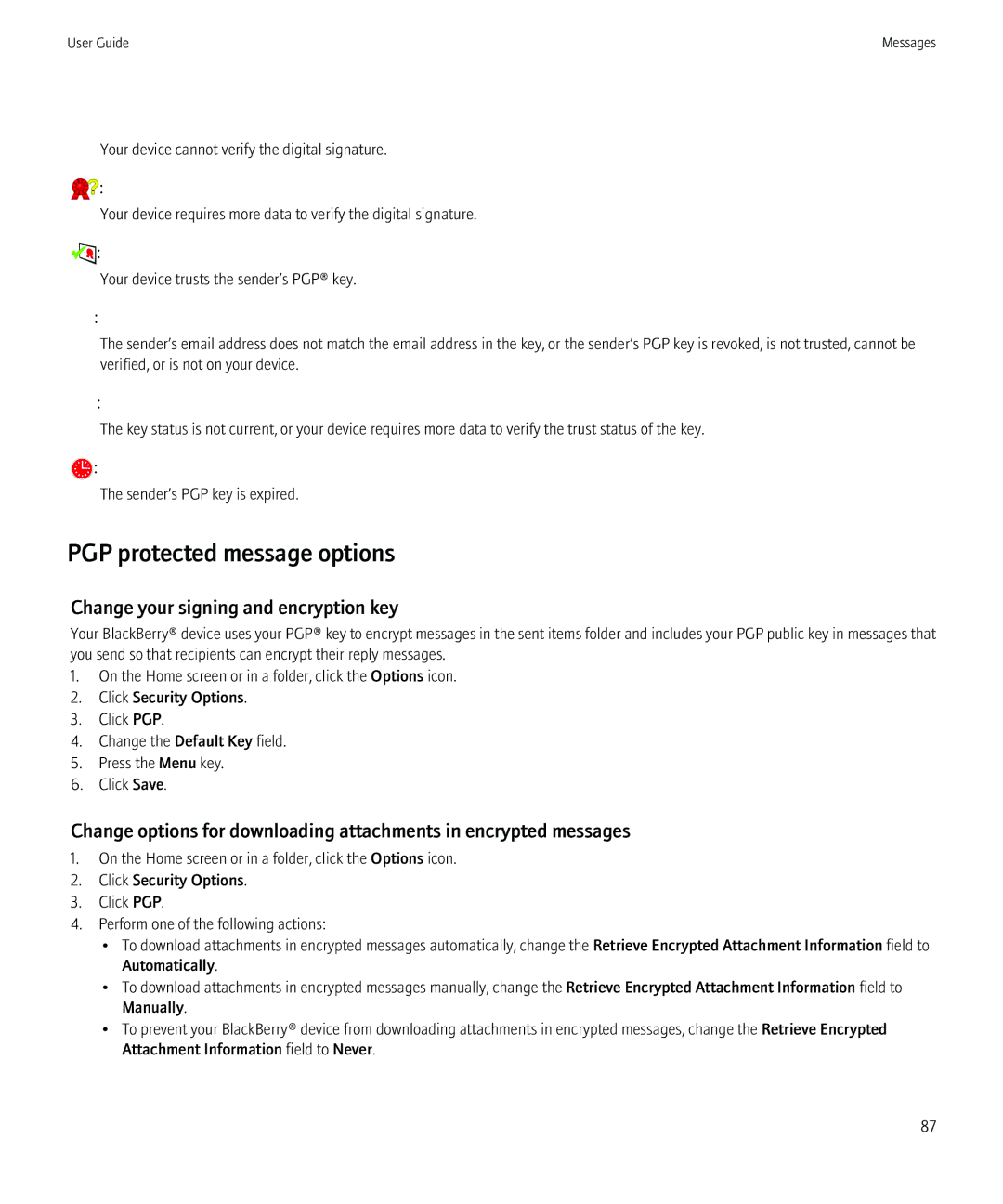 Blackberry PRD-12528-103 manual PGP protected message options, Change your signing and encryption key 