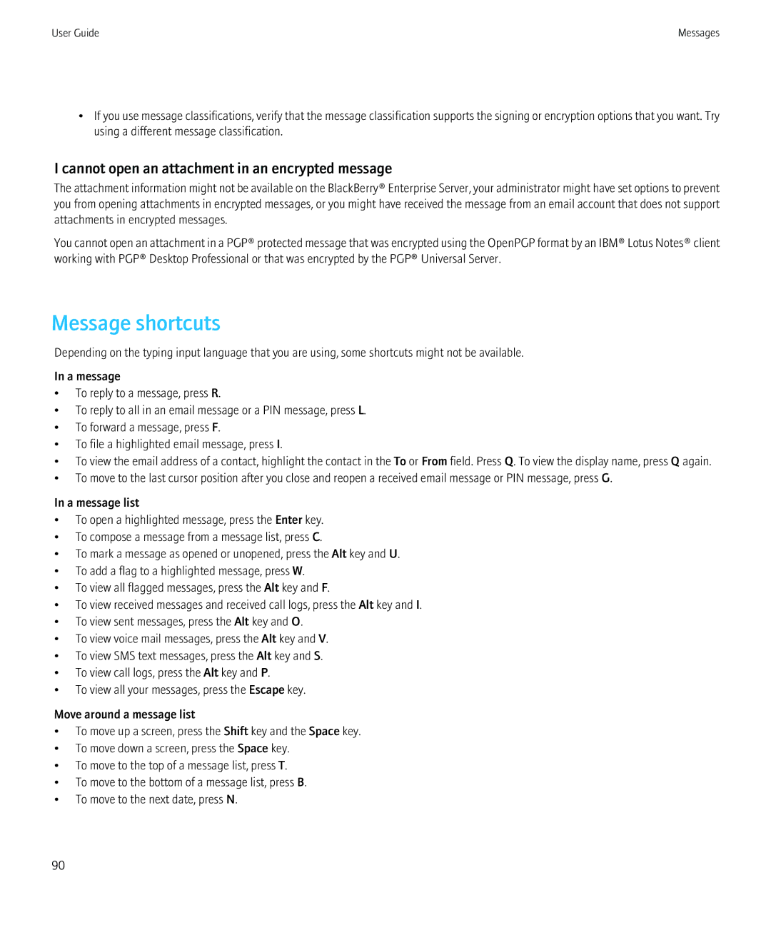 Blackberry PRD-12528-103 manual Message shortcuts 