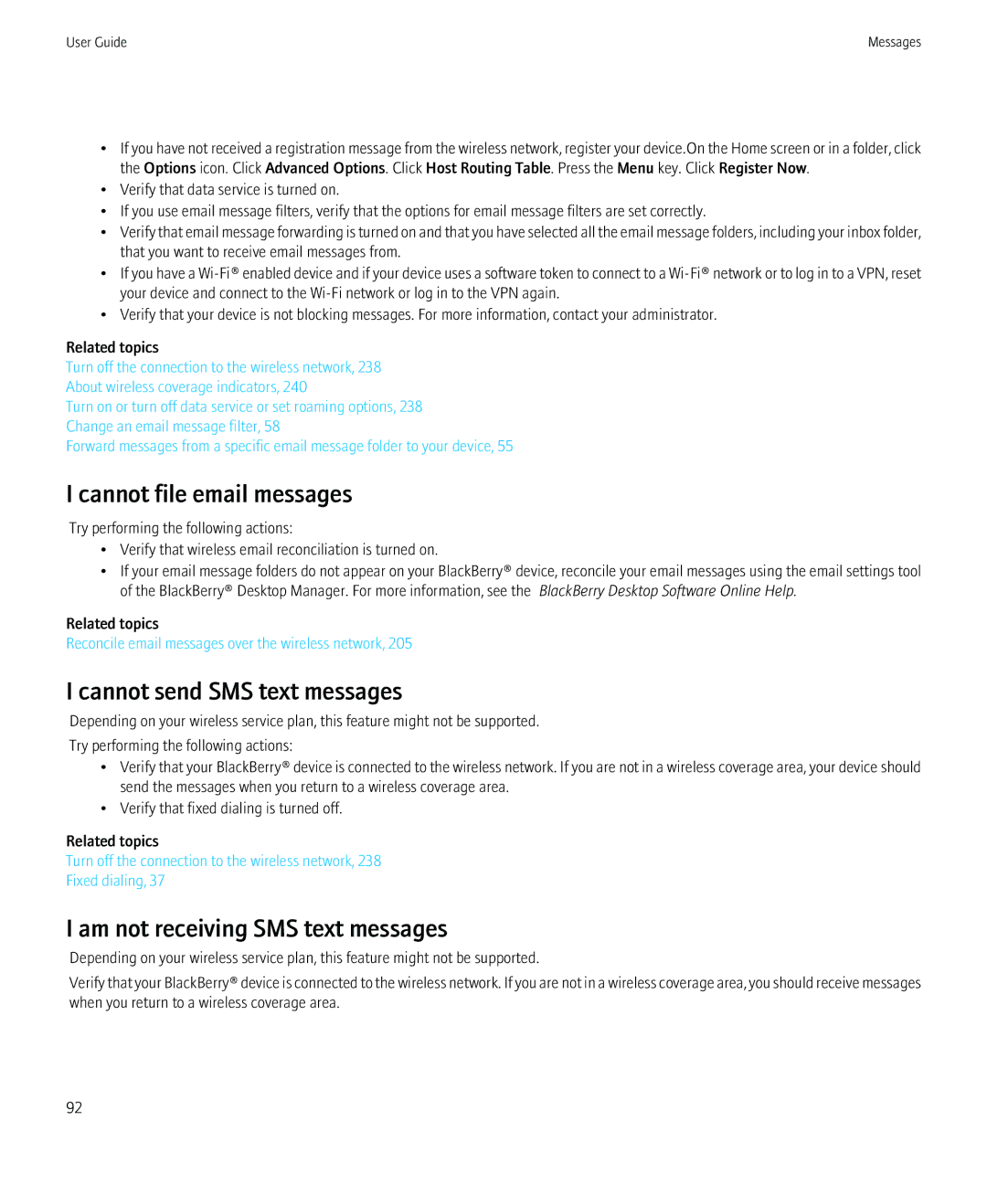 Blackberry PRD-12528-103 manual Cannot file email messages, Am not receiving SMS text messages 