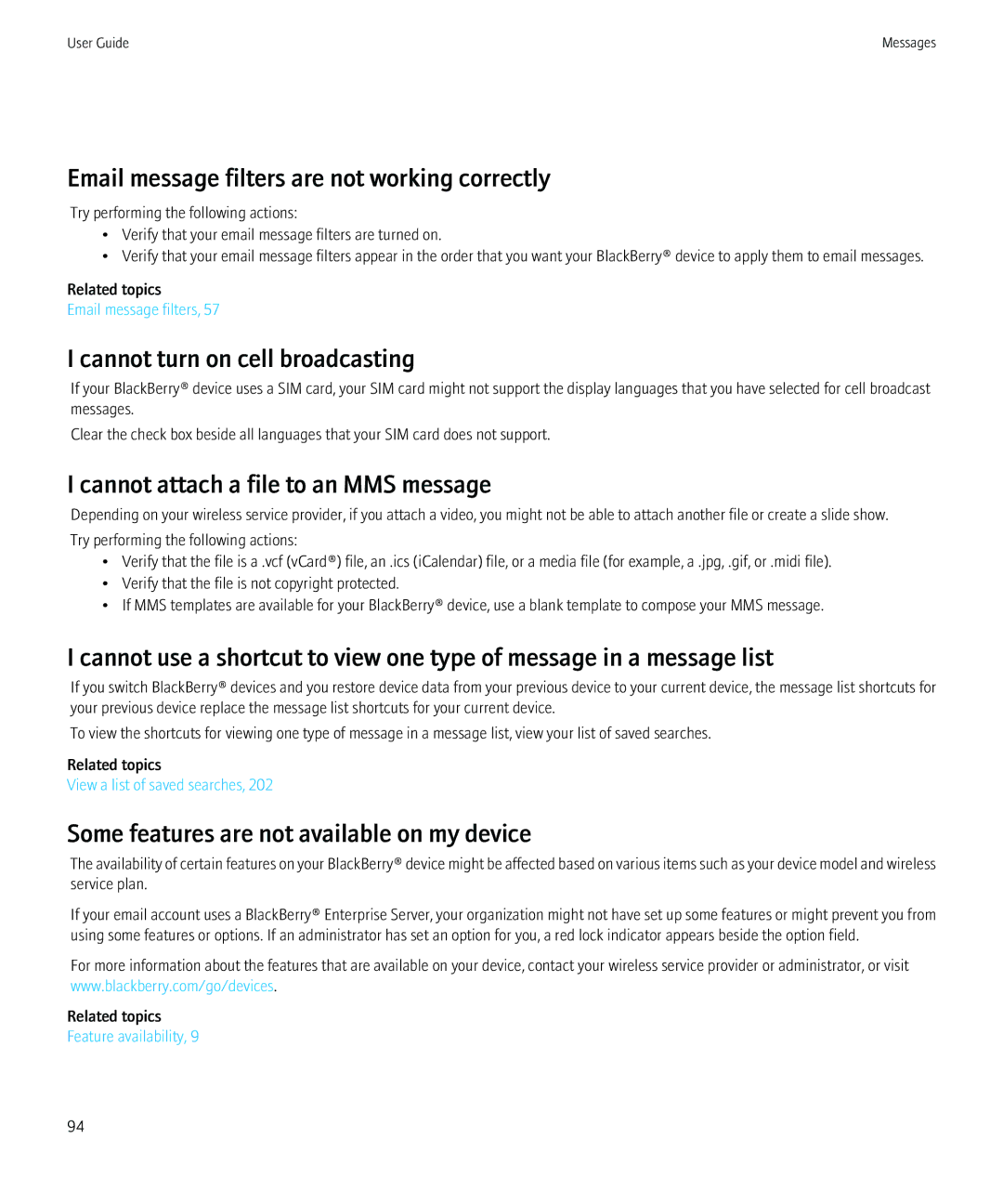 Blackberry PRD-12528-103 manual Email message filters are not working correctly, Cannot turn on cell broadcasting 