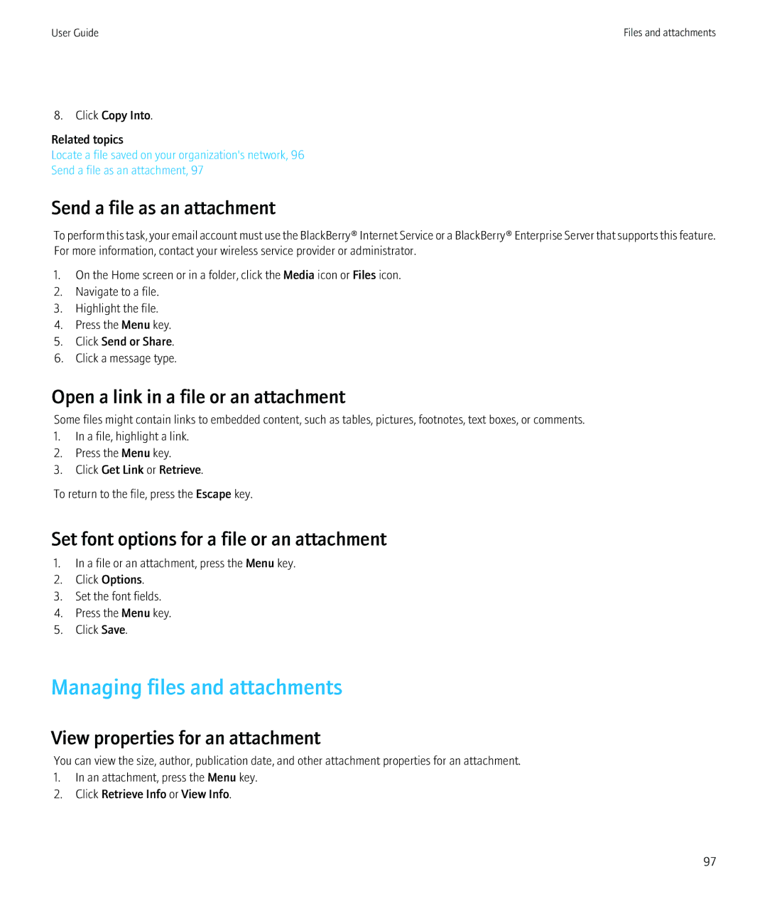 Blackberry PRD-12528-103 Managing files and attachments, Send a file as an attachment, View properties for an attachment 