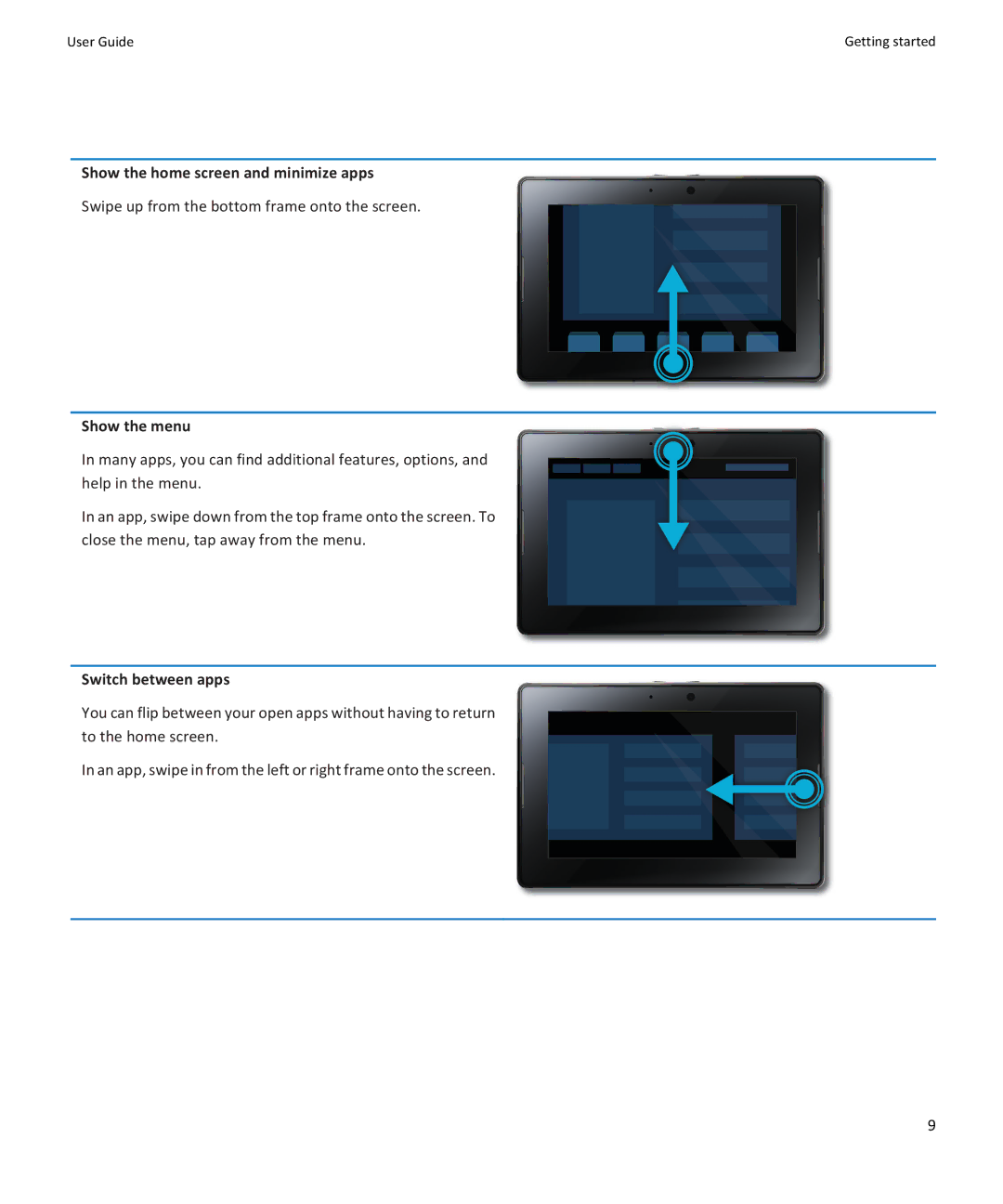 Blackberry PRD-38548-001 manual Show the home screen and minimize apps, Swipe up from the bottom frame onto the screen 