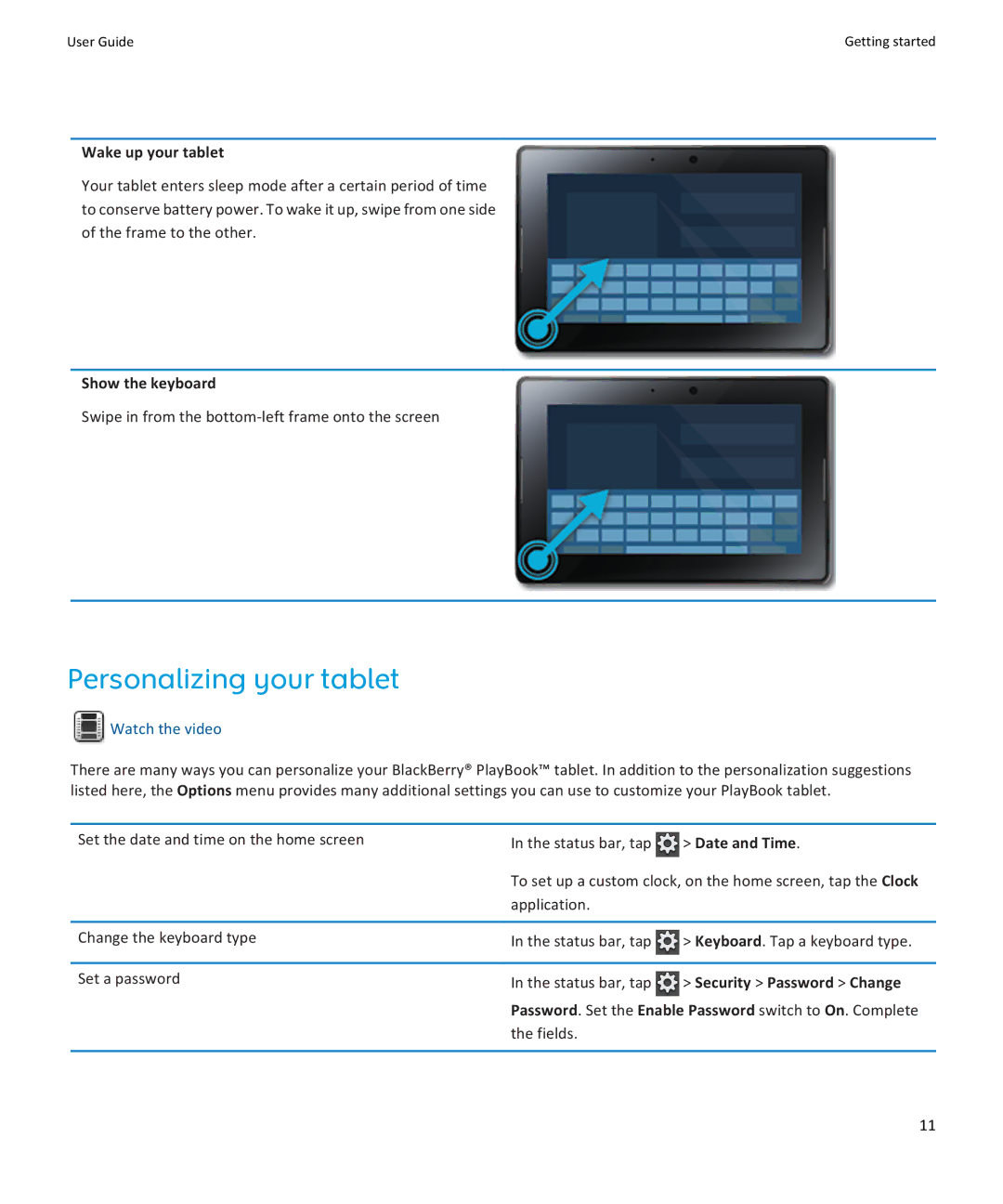 Blackberry PRD-38548-002, PRD-38548-003 Personalizing your tablet, Wake up your tablet, Show the keyboard, Date and Time 