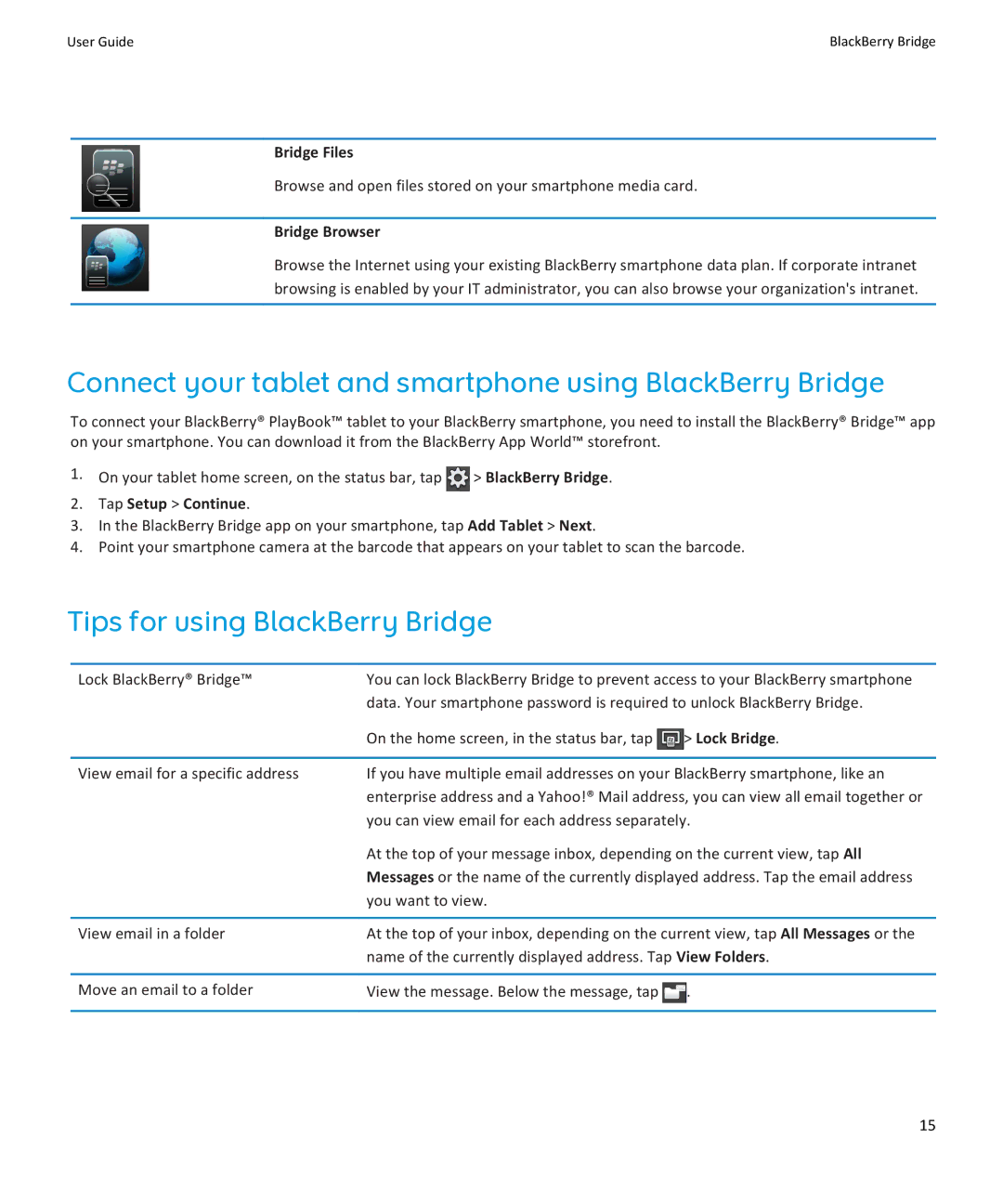 Blackberry PRD-38548-001 Connect your tablet and smartphone using BlackBerry Bridge, Tips for using BlackBerry Bridge 