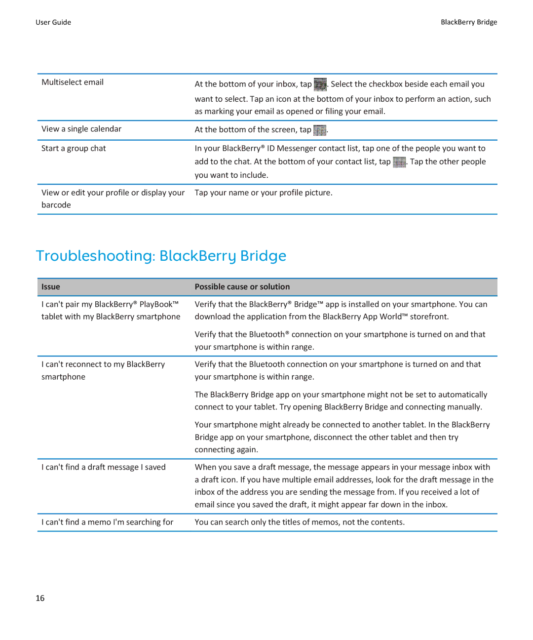 Blackberry PRD-38548-003, PRD-38548-002, PRD-38548-001 Troubleshooting BlackBerry Bridge, Issue Possible cause or solution 