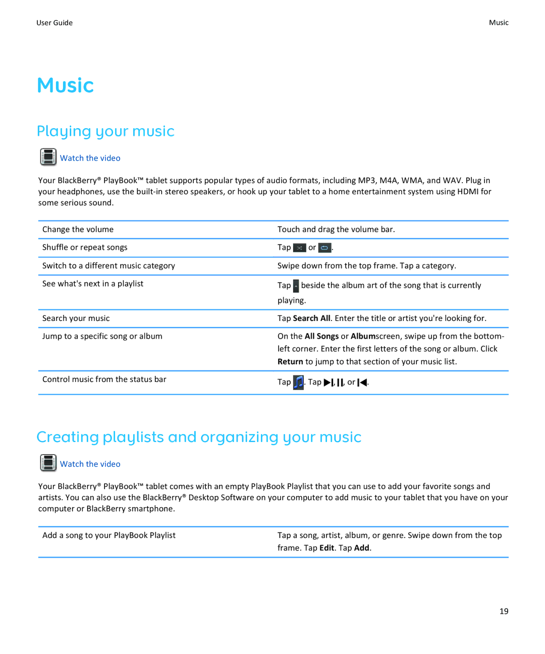 Blackberry PRD-38548-003, PRD-38548-002 manual Music, Playing your music, Creating playlists and organizing your music 