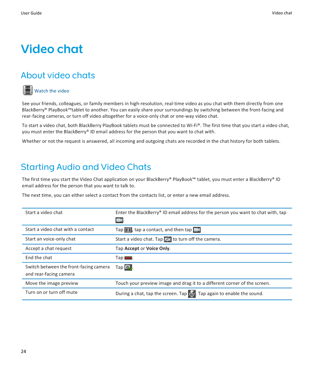 Blackberry PRD-38548-001 manual Video chat, About video chats, Starting Audio and Video Chats, Tap Accept or Voice Only 