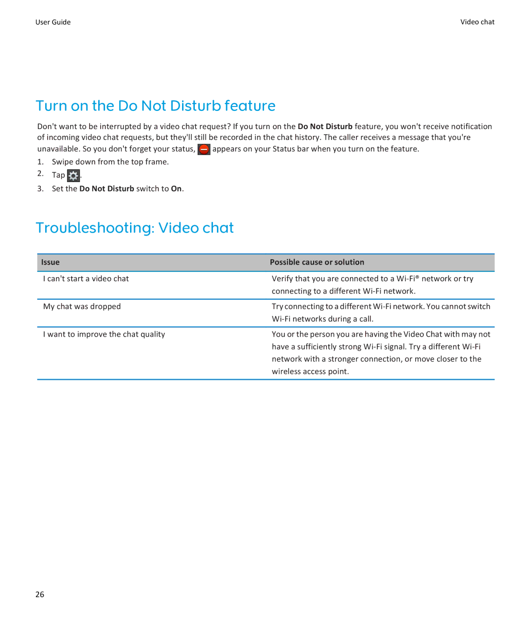 Blackberry PRD-38548-002 Turn on the Do Not Disturb feature, Troubleshooting Video chat, Wi-Fi networks during a call 