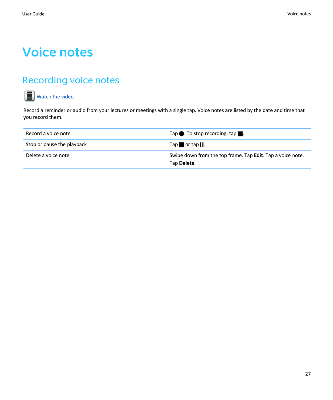 Blackberry PRD-38548-001, PRD-38548-003, PRD-38548-002 manual Voice notes, Recording voice notes, Tap Delete 