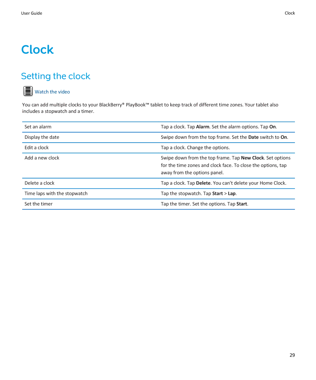 Blackberry PRD-38548-002, PRD-38548-003 manual Clock, Setting the clock, Away from the options panel, Delete a clock 