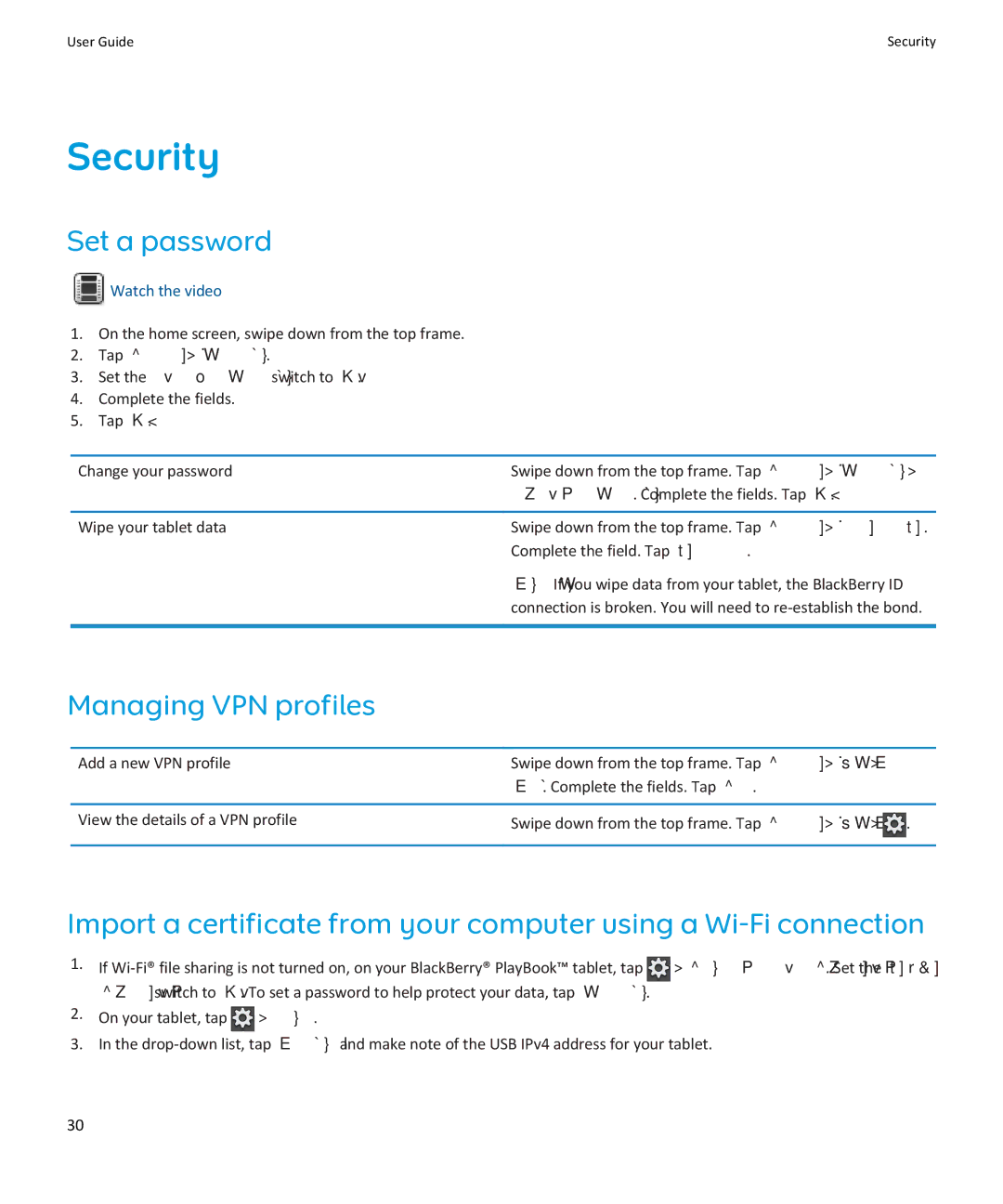 Blackberry PRD-38548-001, PRD-38548-003, PRD-38548-002 Set a password, Managing VPN profiles, Tap Security Password 