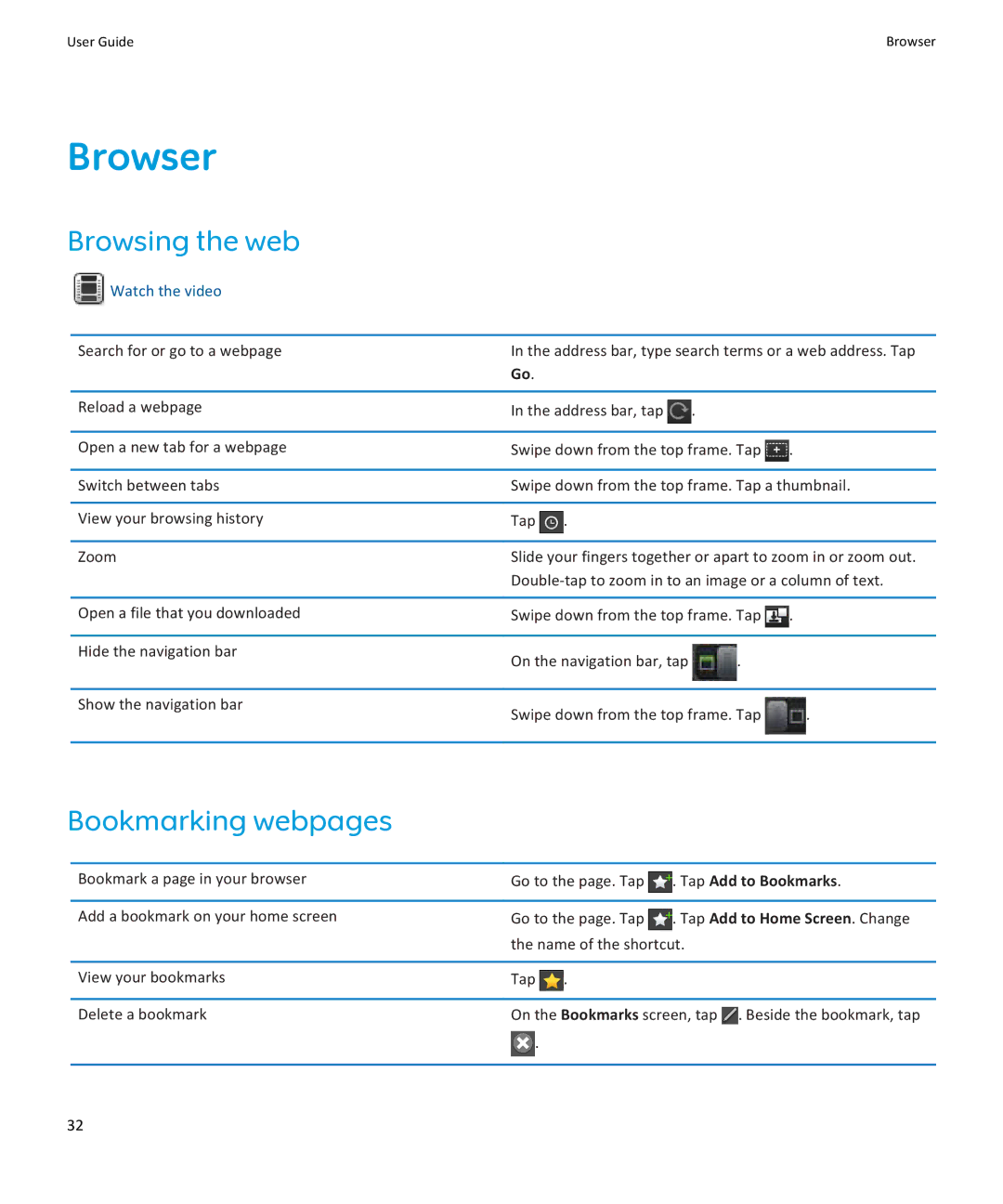 Blackberry PRD-38548-002, PRD-38548-003 manual Browser, Browsing the web, Bookmarking webpages, Tap Add to Bookmarks 