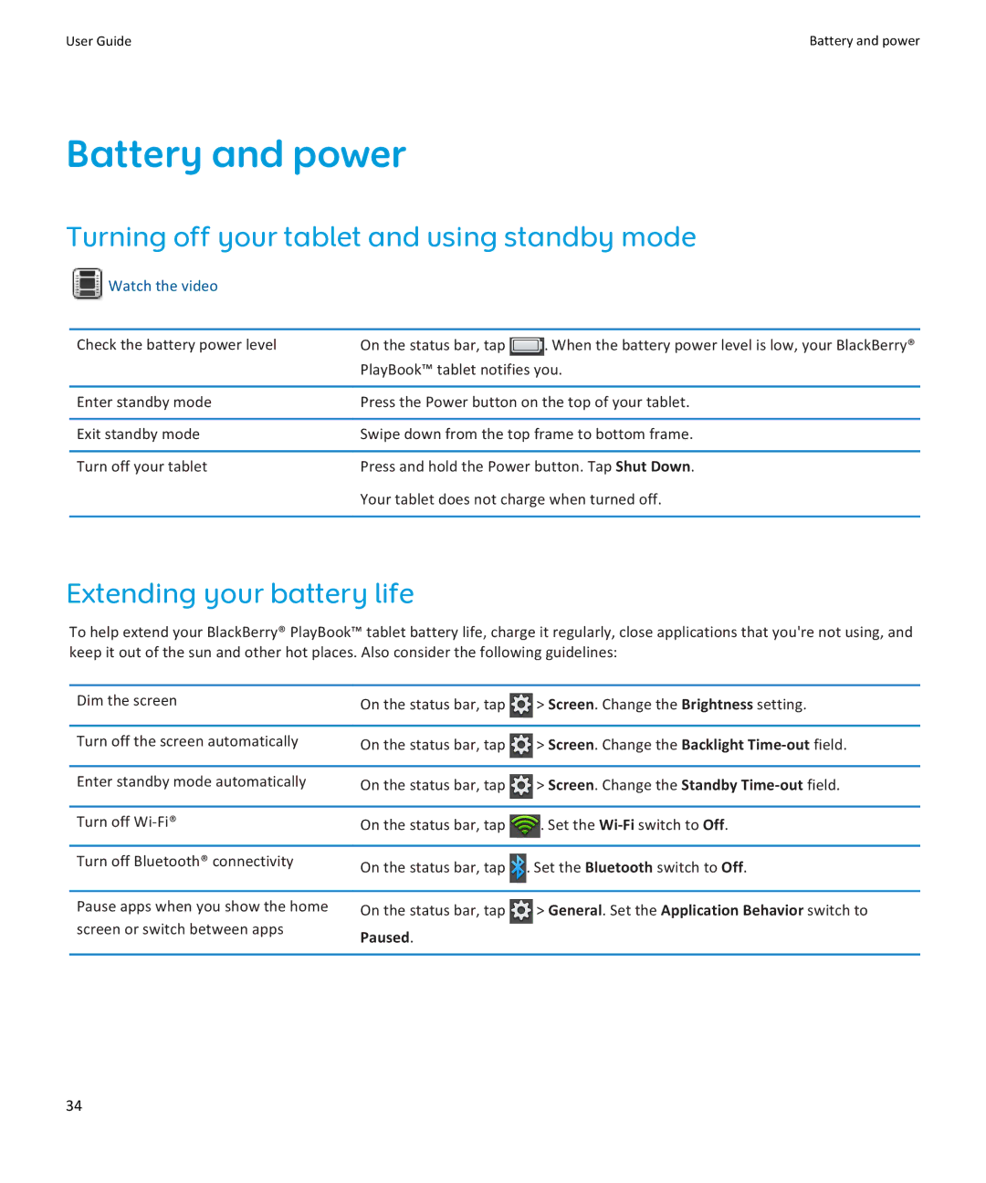 Blackberry PRD-38548-003 Battery and power, Turning off your tablet and using standby mode, Extending your battery life 