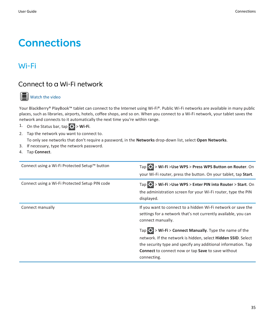 Blackberry PRD-38548-002, PRD-38548-003 manual Connections, Tap Connect, Wi-Fi Use WPS Press WPS Button on Router . On 