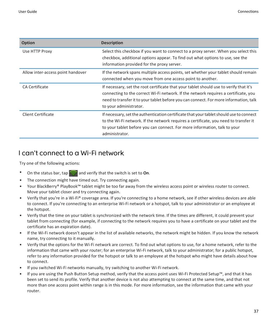 Blackberry PRD-38548-003 Use Http Proxy, Information provided for the proxy server, Allow inter-access point handover 