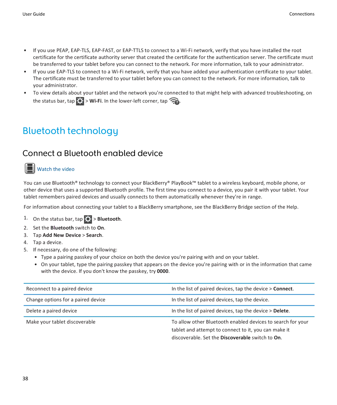 Blackberry PRD-38548-002, PRD-38548-003 manual Bluetooth technology, Status bar, tap Wi-Fi. In the lower-left corner, tap 