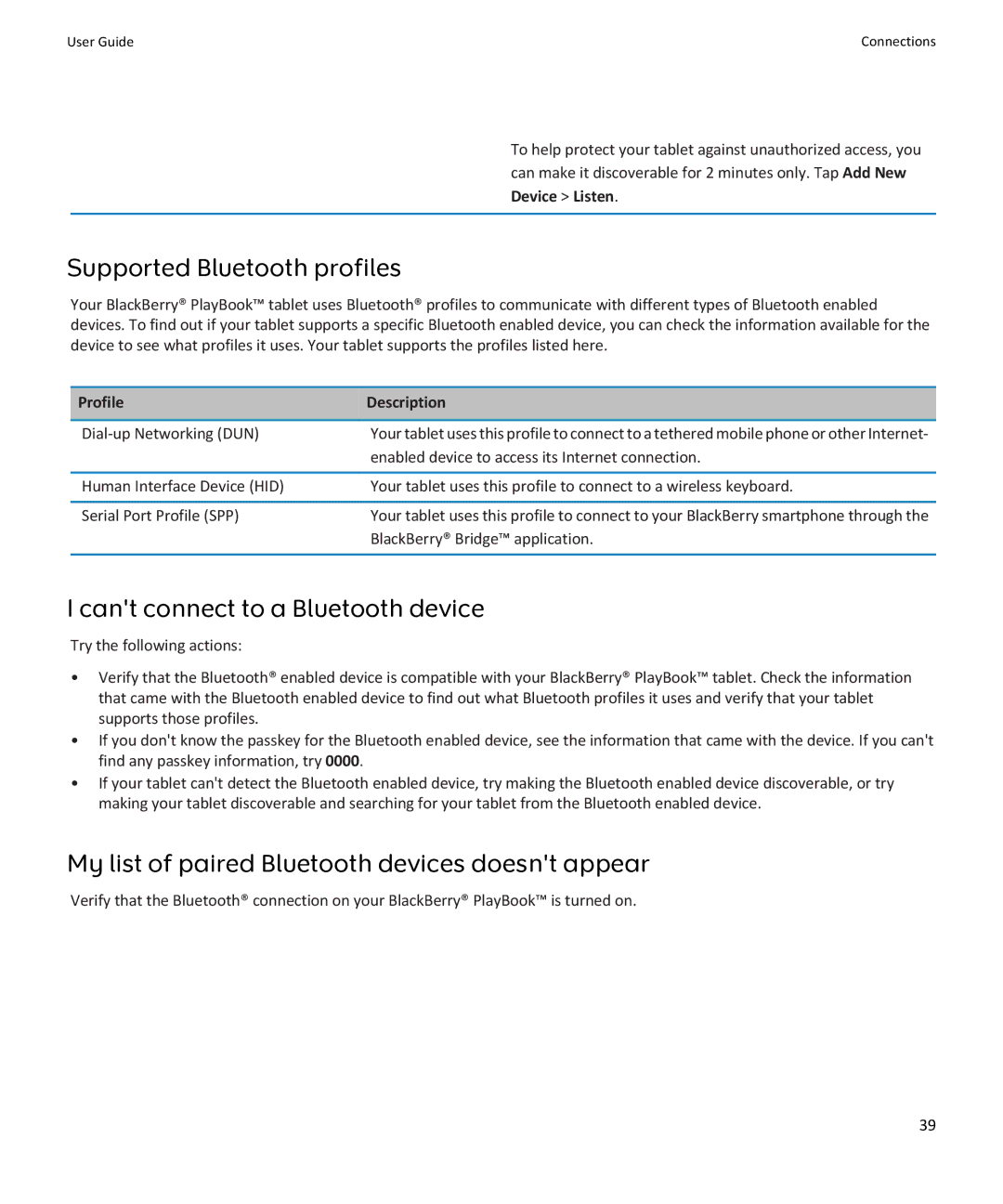 Blackberry PRD-38548-001 manual Device Listen, Profile Description, Dial-up Networking DUN, BlackBerry Bridge application 