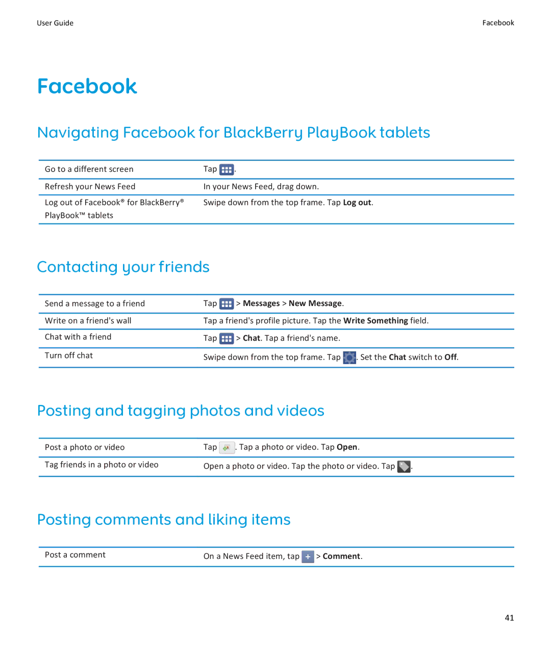 Blackberry PRD-38548-002, PRD-38548-003 Navigating Facebook for BlackBerry PlayBook tablets, Contacting your friends 