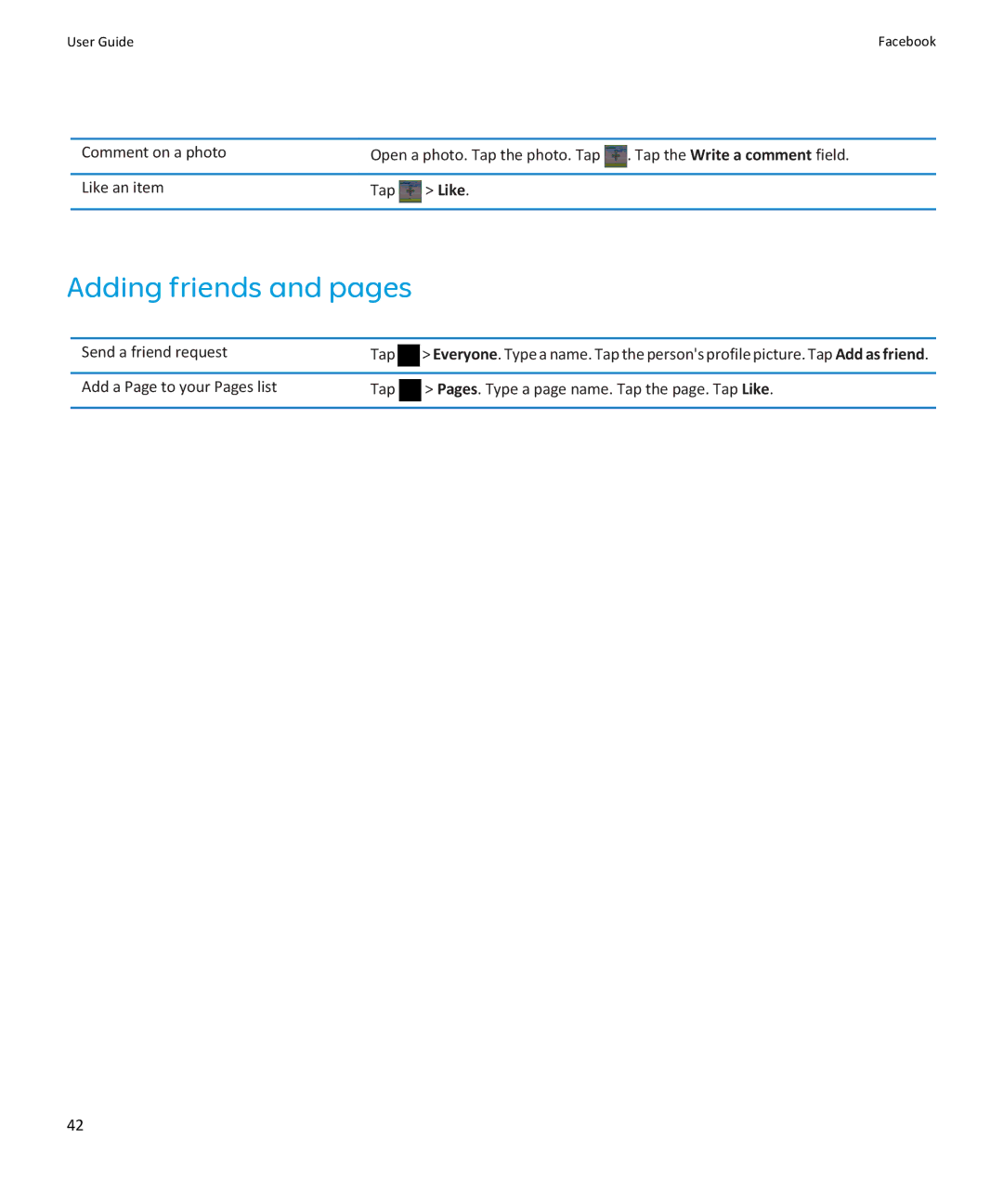 Blackberry PRD-38548-001, PRD-38548-003, PRD-38548-002 manual Adding friends and pages, Like, Send a friend request Tap 
