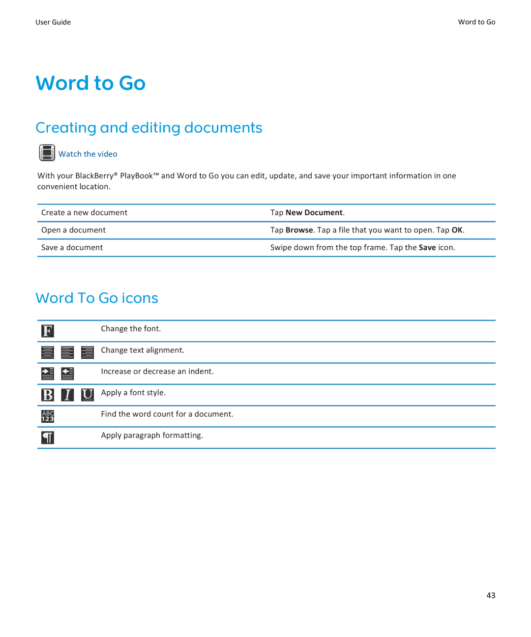 Blackberry PRD-38548-003, PRD-38548-002 Word to Go, Creating and editing documents, Word To Go icons, Tap New Document 