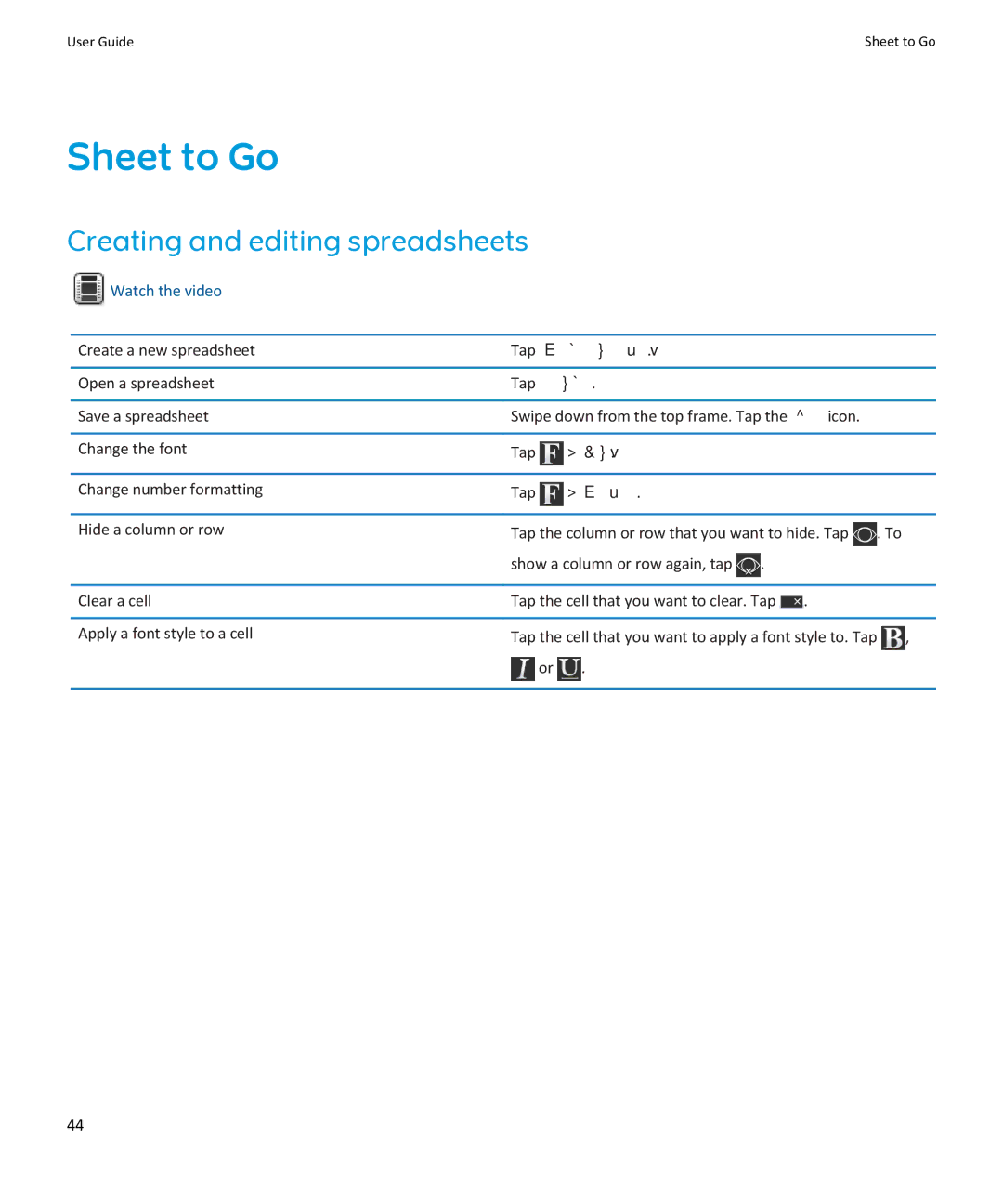 Blackberry PRD-38548-002, PRD-38548-003 manual Sheet to Go, Creating and editing spreadsheets, Tap Browse, Font, Number 