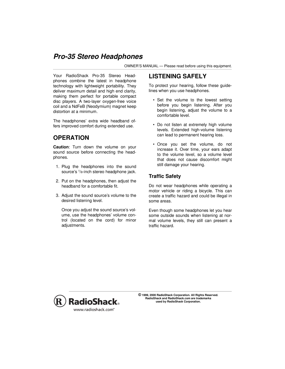 Blackberry PRO-35 owner manual Pro-35 Stereo Headphones, Operation, Listening Safely, Traffic Safety 