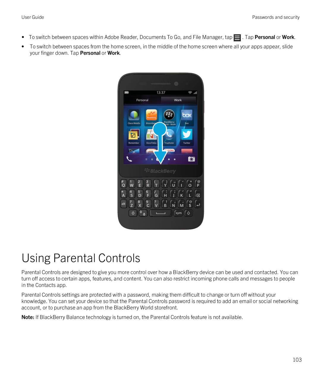 Blackberry Q5 manual Using Parental Controls 