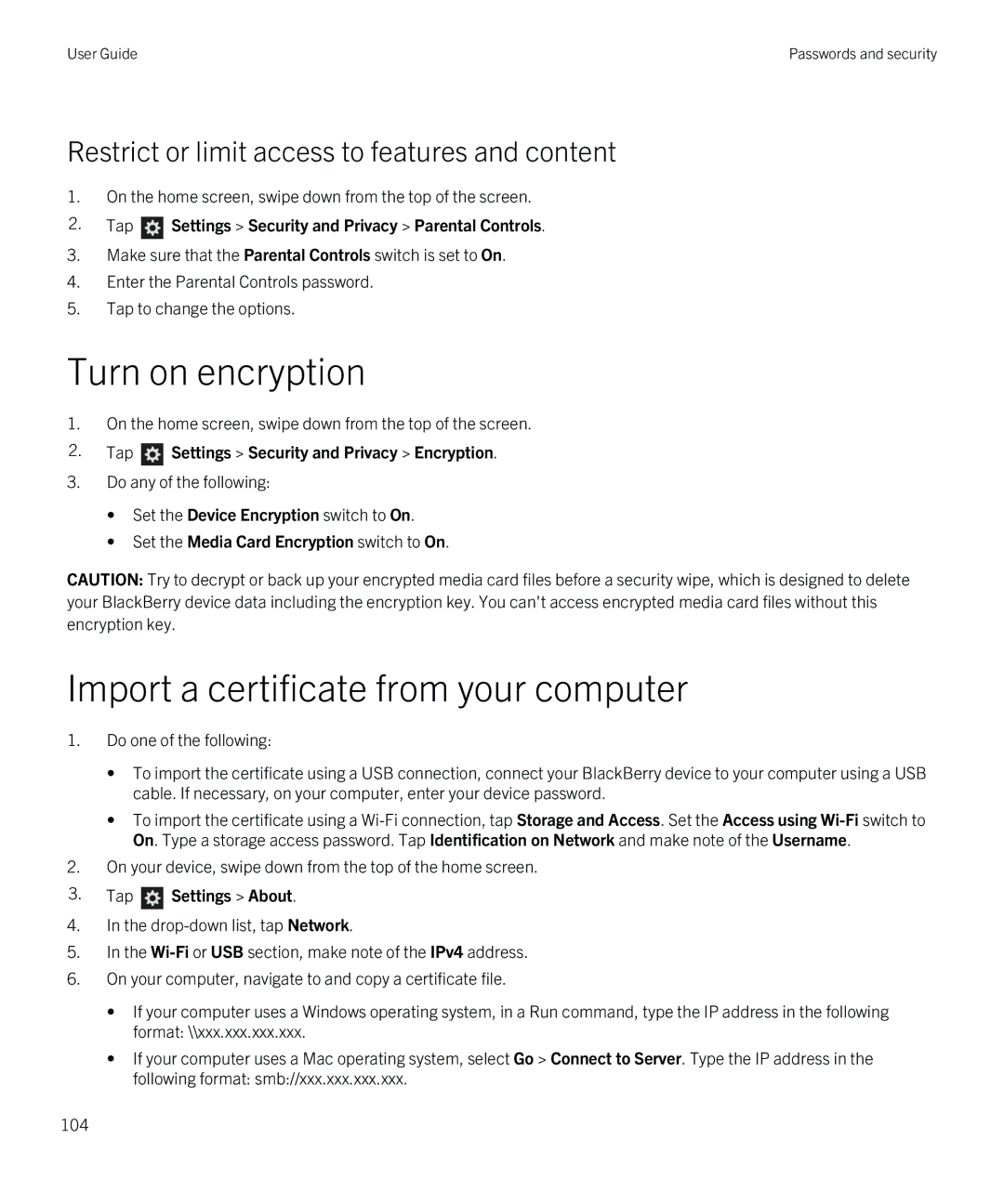 Blackberry Q5 manual Turn on encryption, Import a certificate from your computer 