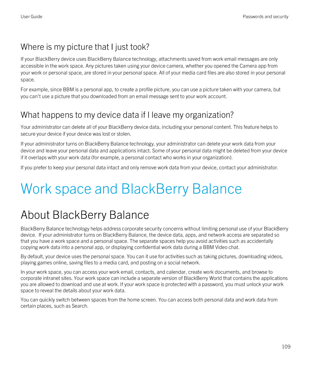 Blackberry Q5 manual Work space and BlackBerry Balance, Where is my picture that I just took? 