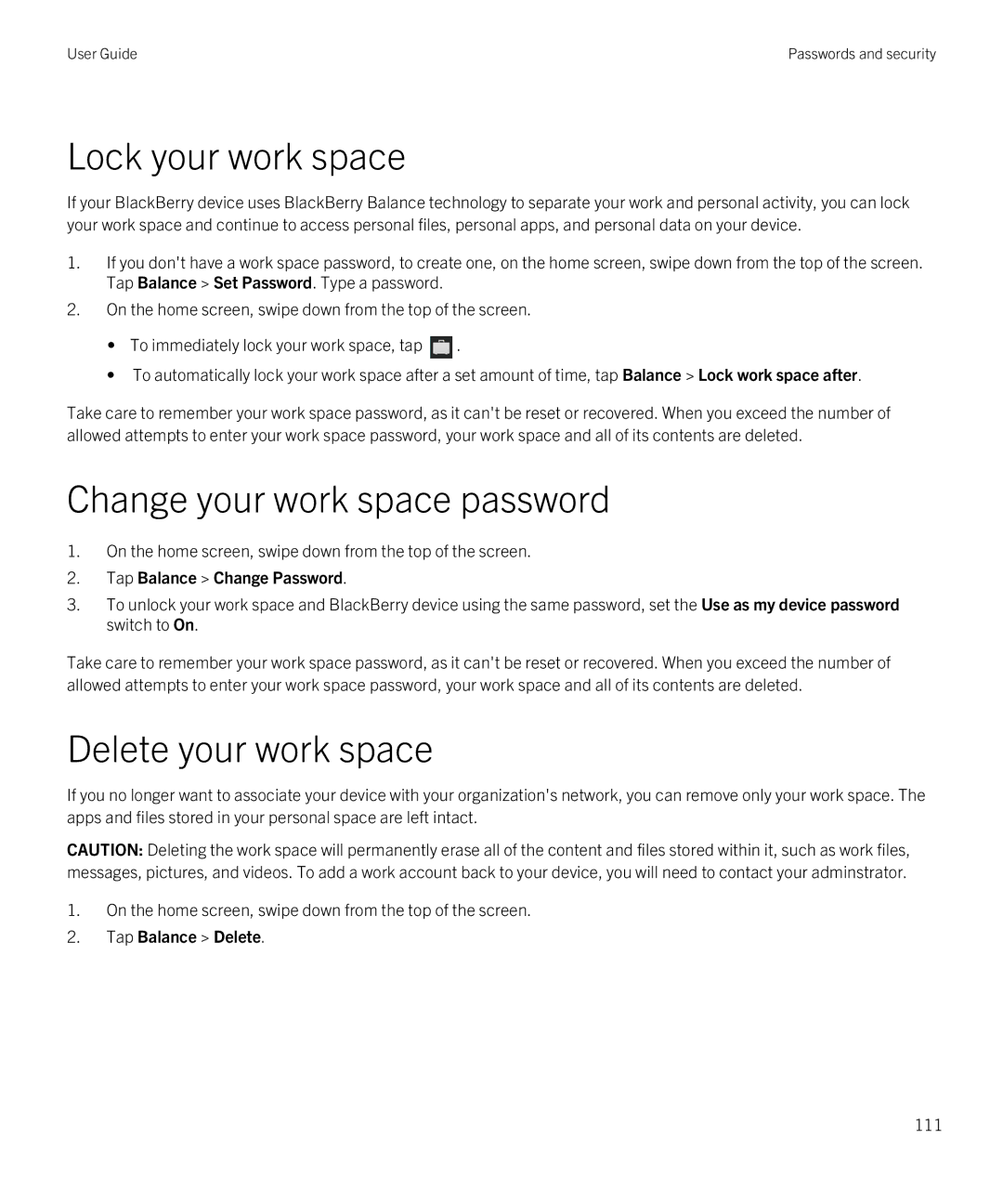 Blackberry Q5 manual Lock your work space, Change your work space password, Delete your work space 