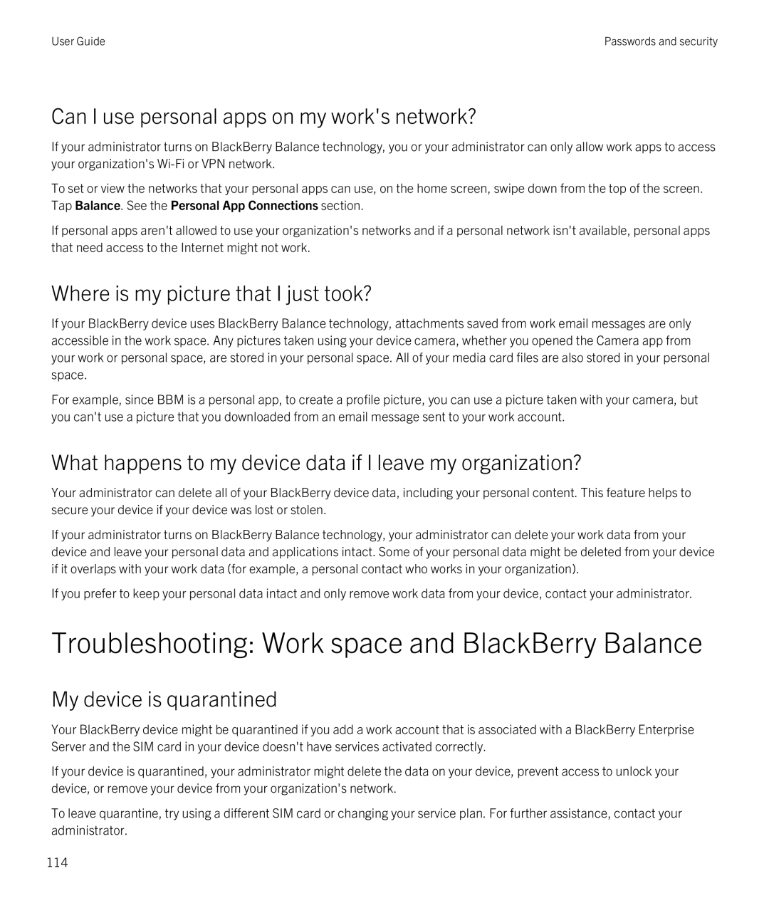 Blackberry Q5 manual Troubleshooting Work space and BlackBerry Balance, My device is quarantined 