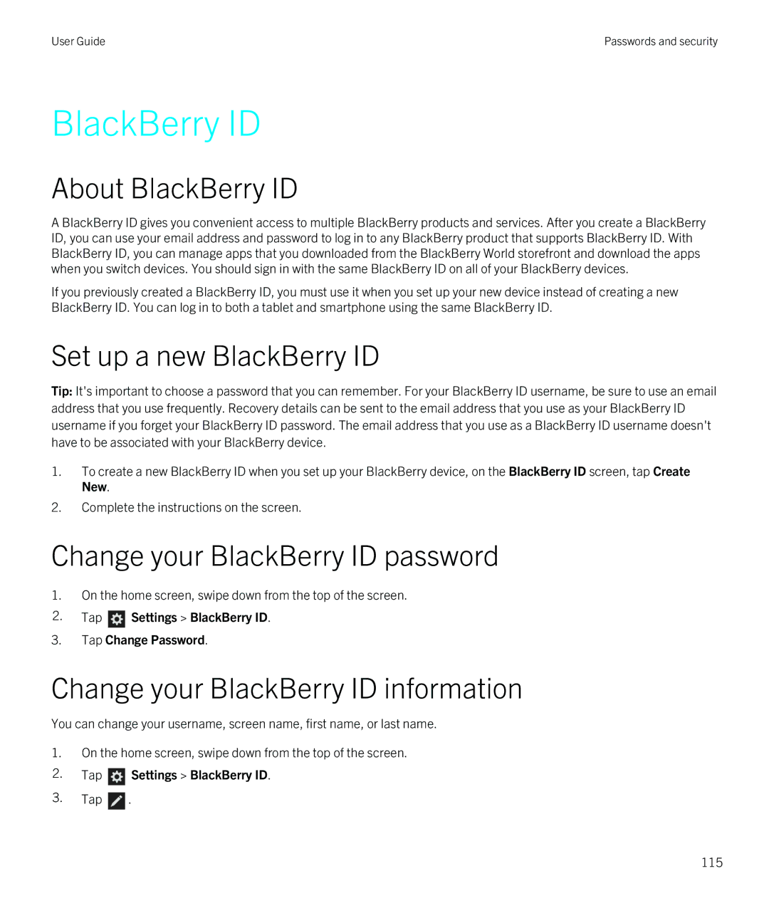 Blackberry Q5 manual About BlackBerry ID, Set up a new BlackBerry ID, Change your BlackBerry ID password 