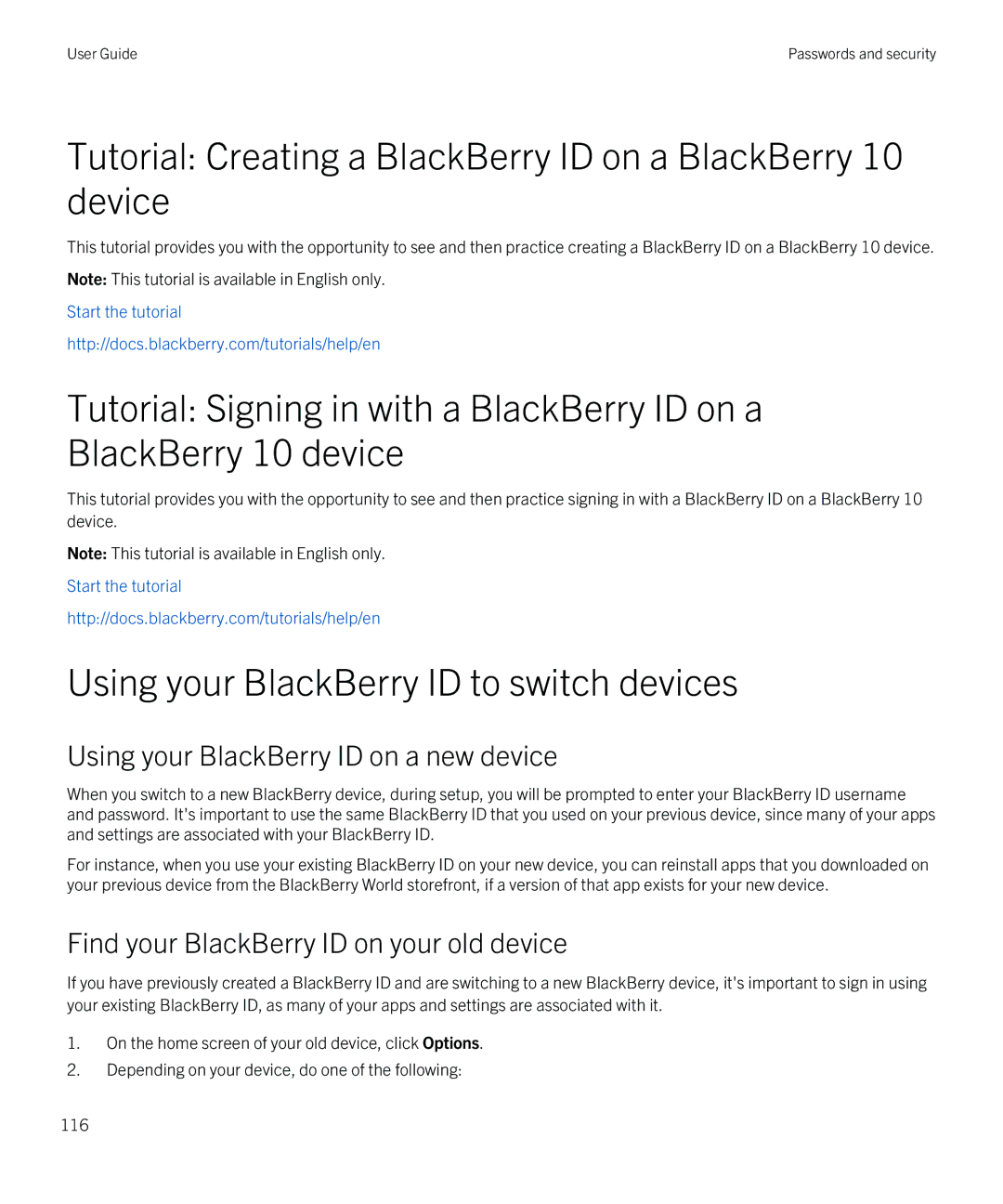 Blackberry Q5 Tutorial Creating a BlackBerry ID on a BlackBerry 10 device, Using your BlackBerry ID to switch devices 