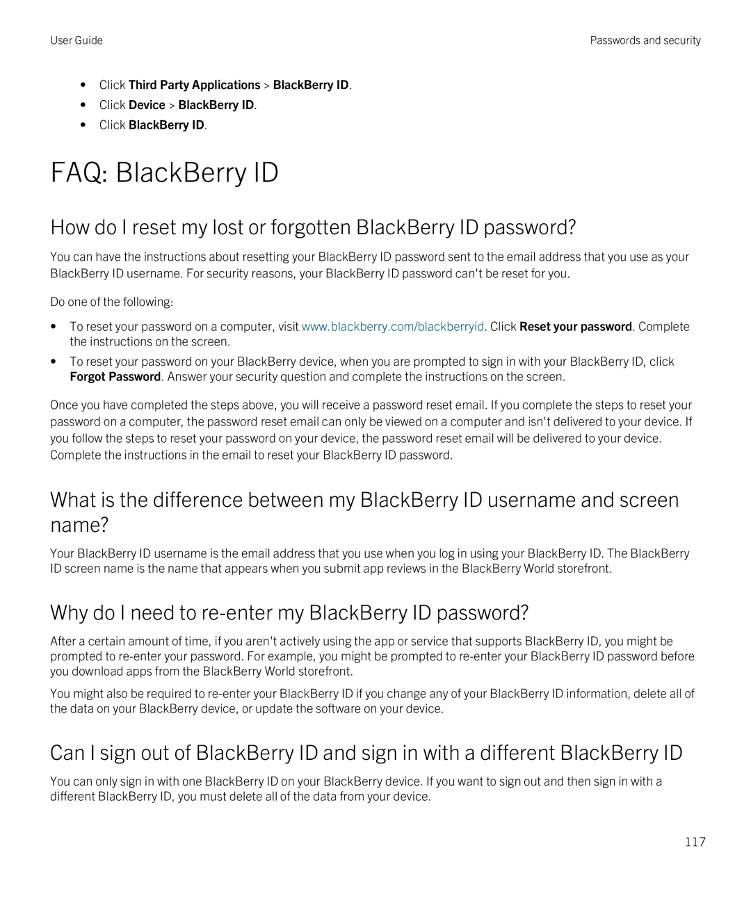 Blackberry Q5 manual FAQ BlackBerry ID, Why do I need to re-enter my BlackBerry ID password? 